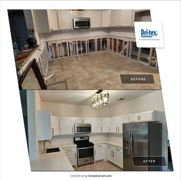 Water damage restoration — kitchen before and after with new cabinets and countertops